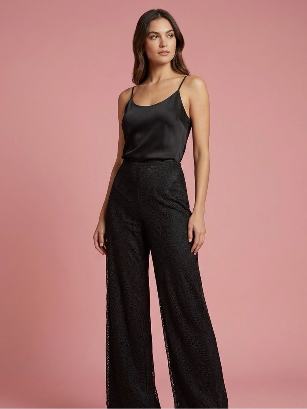 Sara Mique Black Lace Wide-Leg Evening Trousers | Elegant Occasion Wear